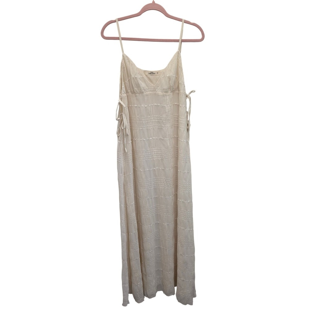 Ivory Maxi Dress L Boho Side Tie Textured Sleeveless‎ Cottagecore Bridecore